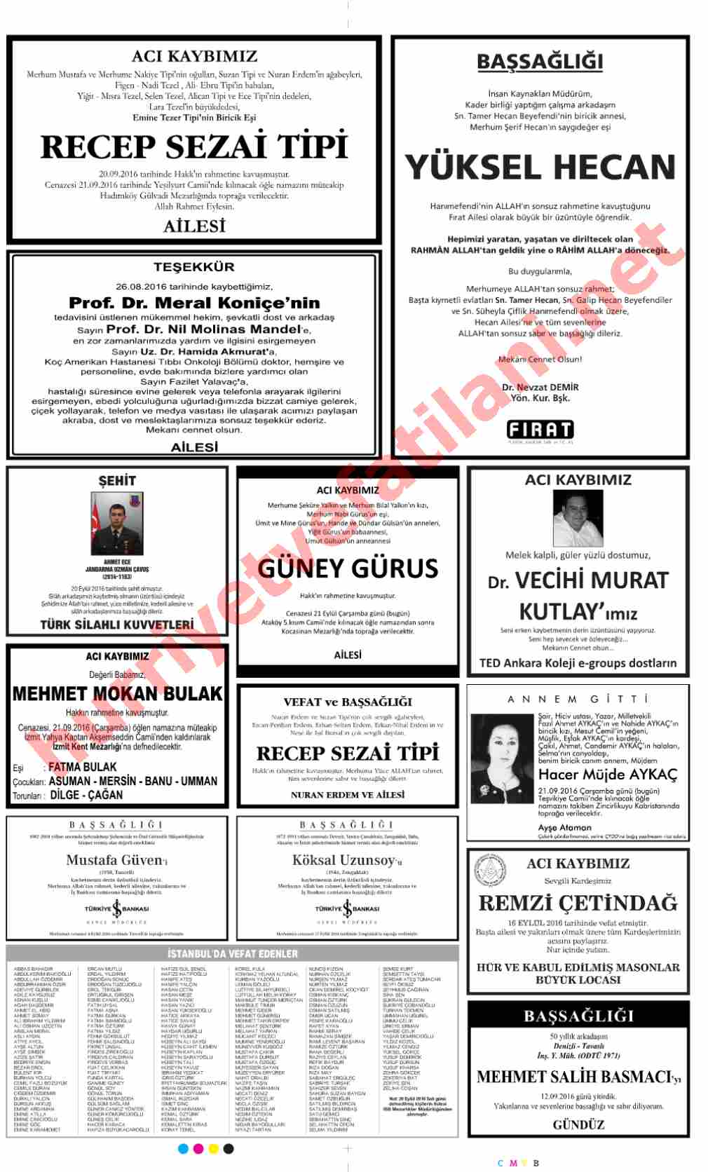 21 Eylül 2016 Hürriyet Gazetesinde Yayınlanmış Vefat İlanları Sayfası