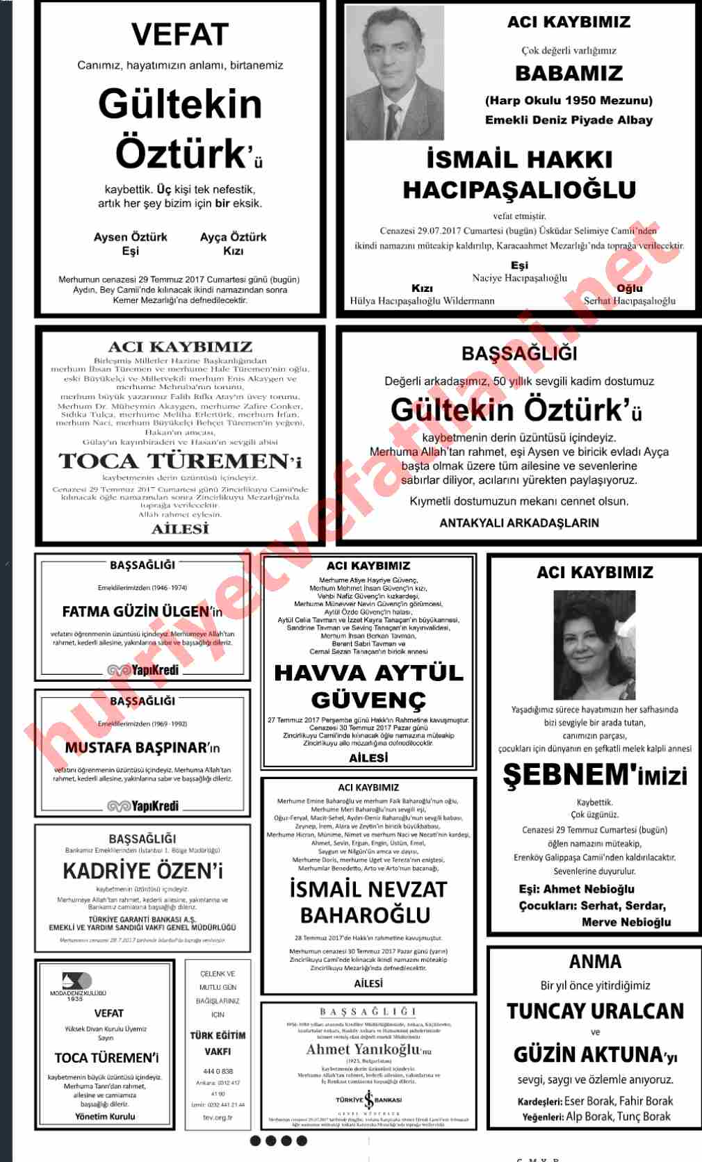 29 Temmuz 2017 Hürriyet Gazetesinde Yayınlanmış Vefat İlanları Sayfası