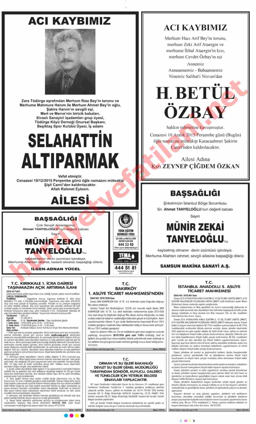 10 Aralık 2015 Hürriyet Gazetesinde Yayınlanmış Vefat İlanları Sayfası
