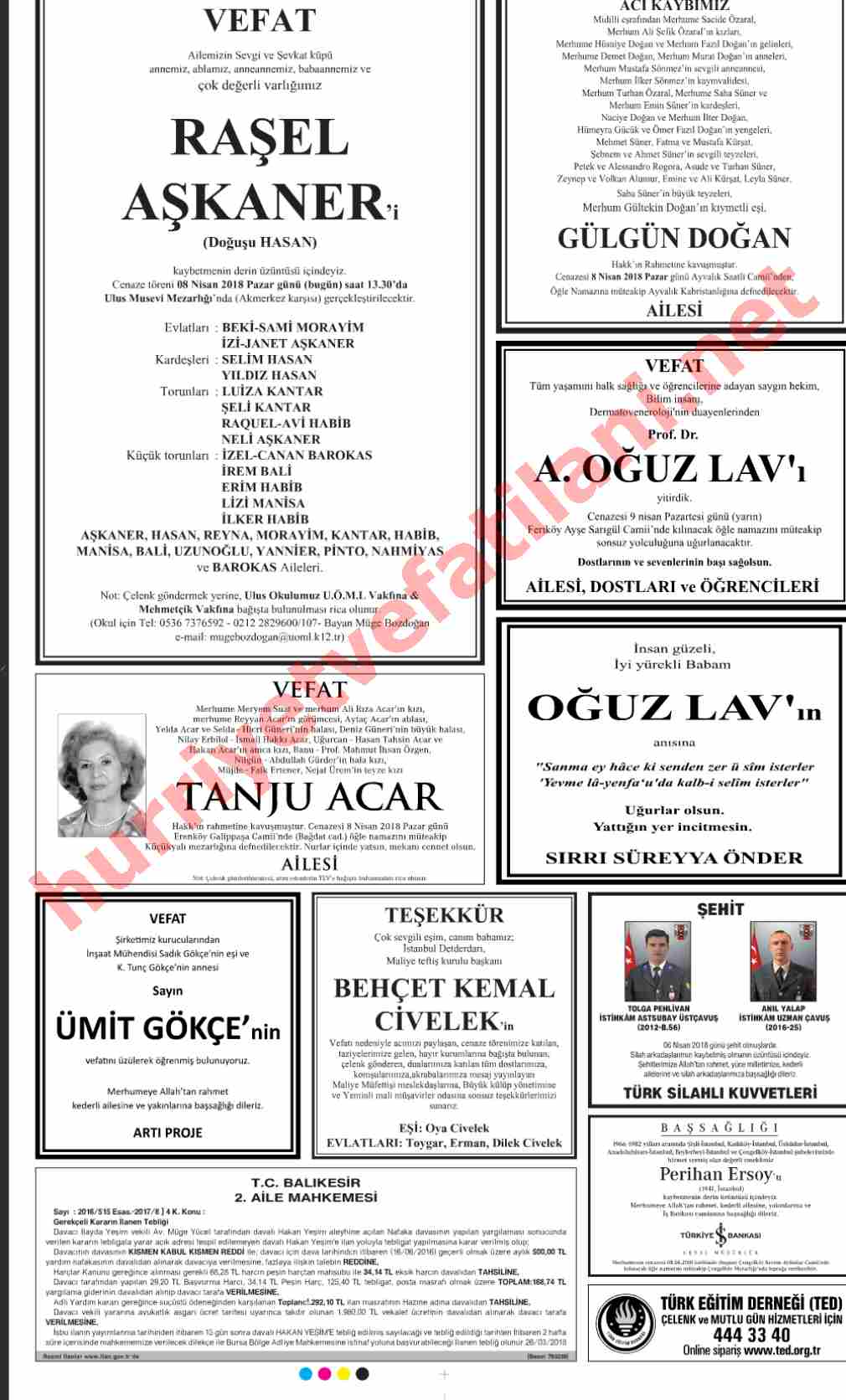 08 Nisan 2018 Hürriyet Gazetesinde Yayınlanmış Vefat İlanları Sayfası