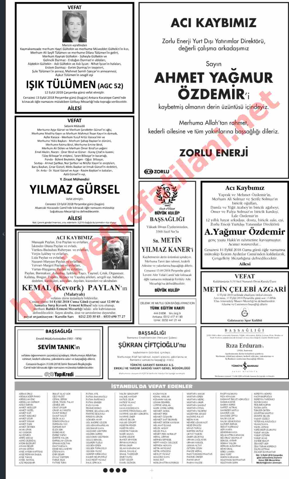 13 Eylül 2018 Perşembe Günü Hürriyet Gazetesinde Yayınlanmış Vefat İlanları Sayfası