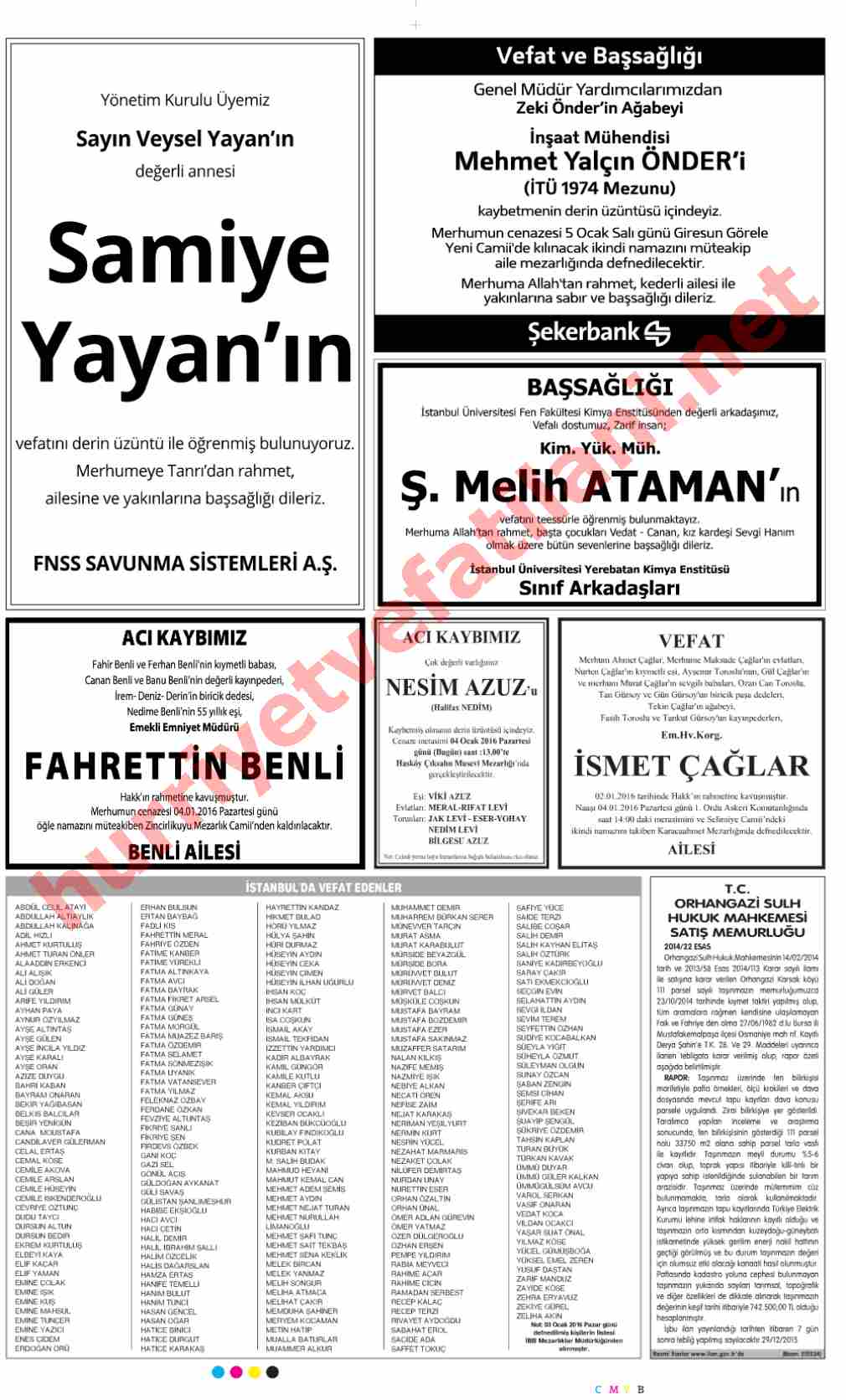 04 Ocak 2016 Pazartesi Günü Hürriyet Gazetesinde Yayınlanmış Vefat İlanları Sayfası