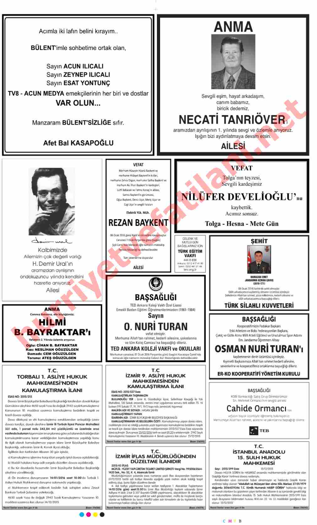 07 Ocak 2016 Perşembe Günü Hürriyet Gazetesinde Yayınlanmış Vefat İlanları Sayfası