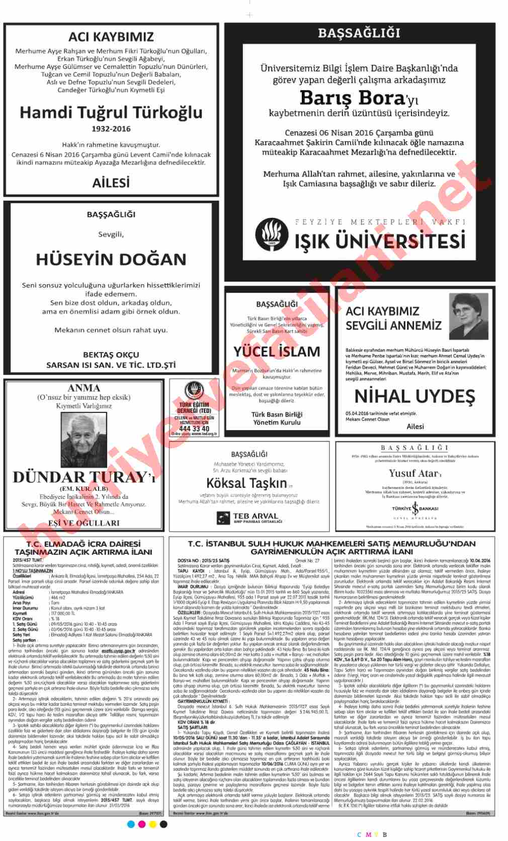 06 Nisan 2016 Çarşamba Günü Hürriyet Gazetesinde Yayınlanmış Vefat İlanları Sayfası