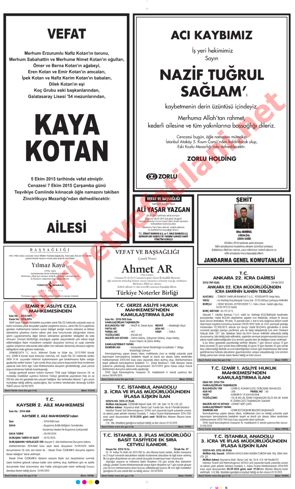 06 Ekim 2015 Salı Günü Hürriyet Gazetesinde Yayınlanmış Vefat İlanları Sayfası