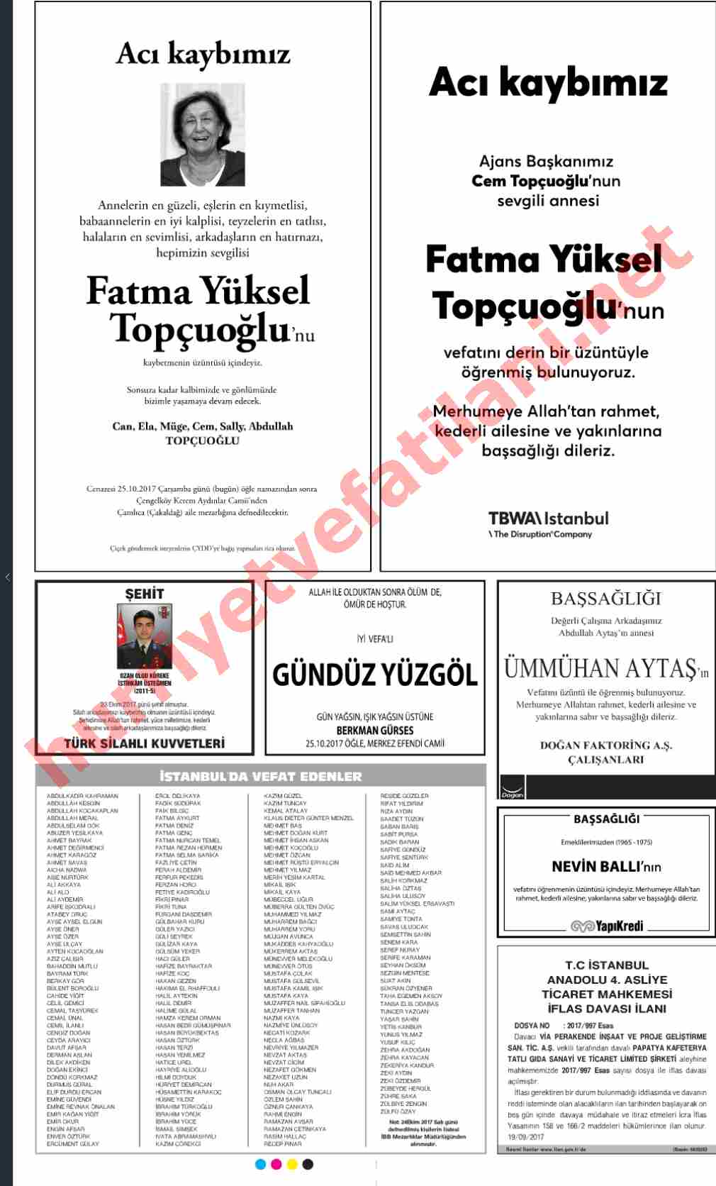25 Ekim 2017 Hürriyet Gazetesinde Yayınlanmış Vefat İlanları Sayfası