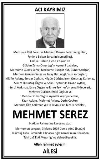  Mehmet Serez Vefat İlanı