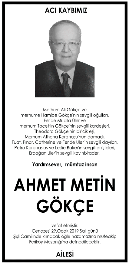 Ahmet Metin Gökçe Vefat İlanı