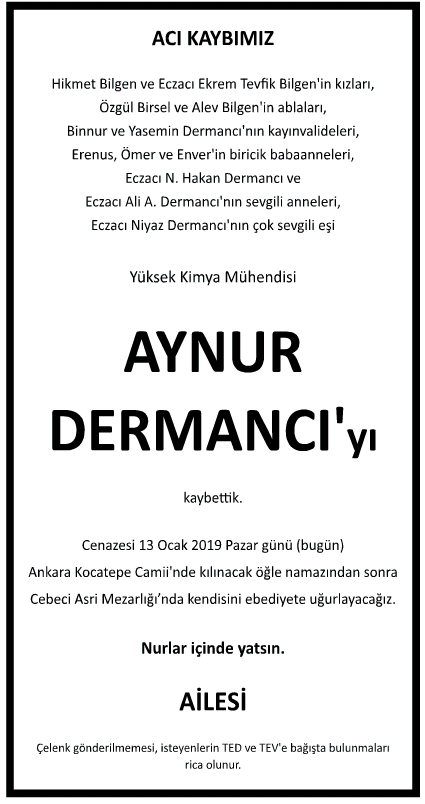  Aynur Dermancı Vefat İlanı