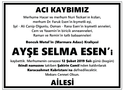 Ayşe Selma Esen Vefat İlanı