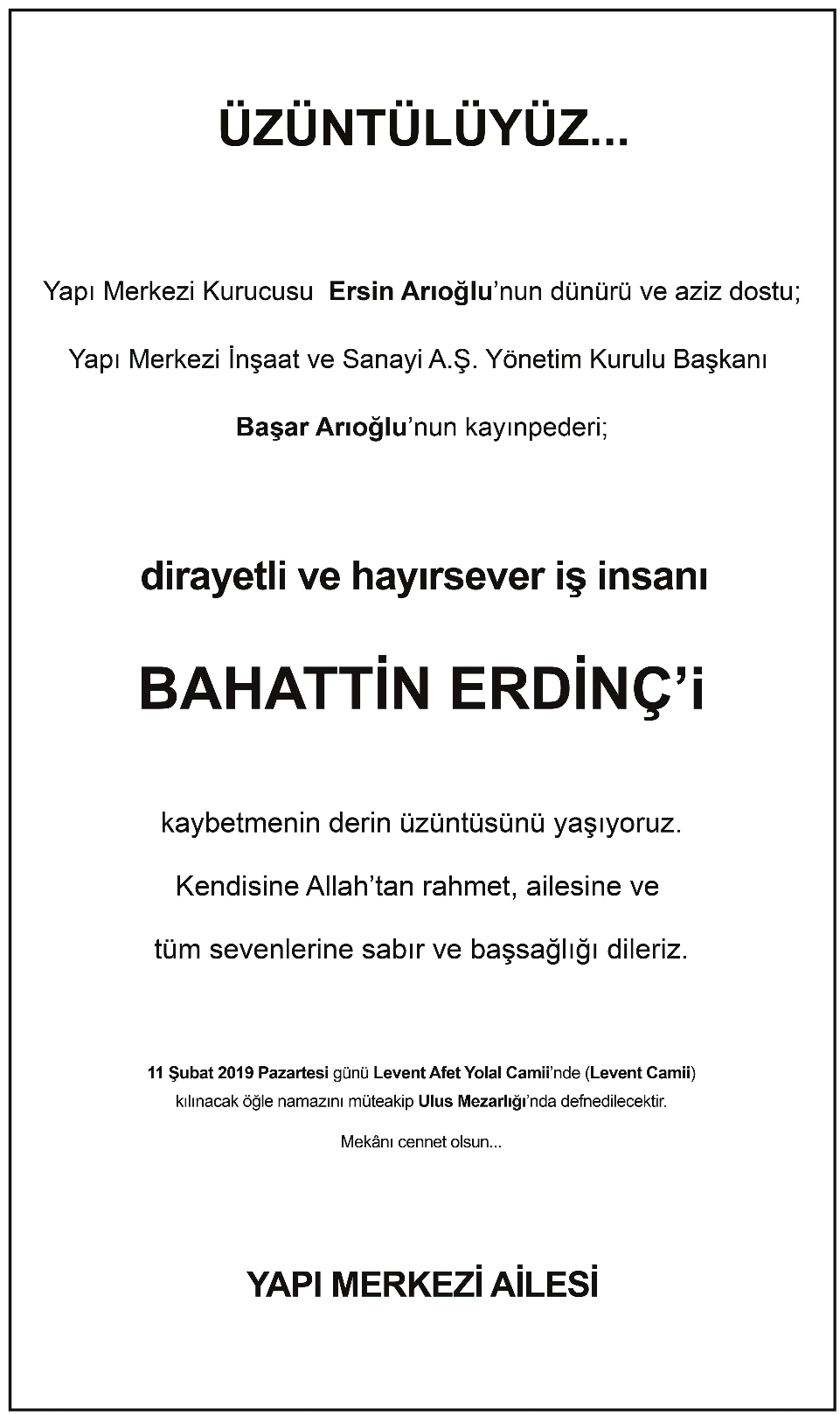 Bahattin Erdinç Vefat İlanı
