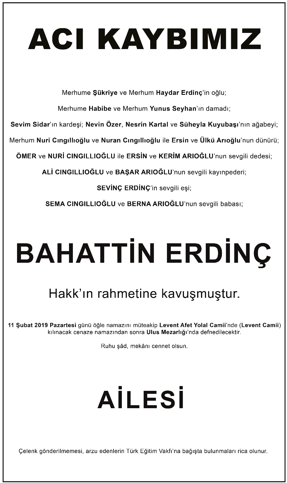 Bahattin Erdinç Vefat İlanı