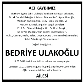 Bedriye Ulakoğlu Vefat İlanı
