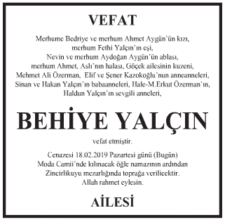 Behiye Yalçın Vefat İlanı