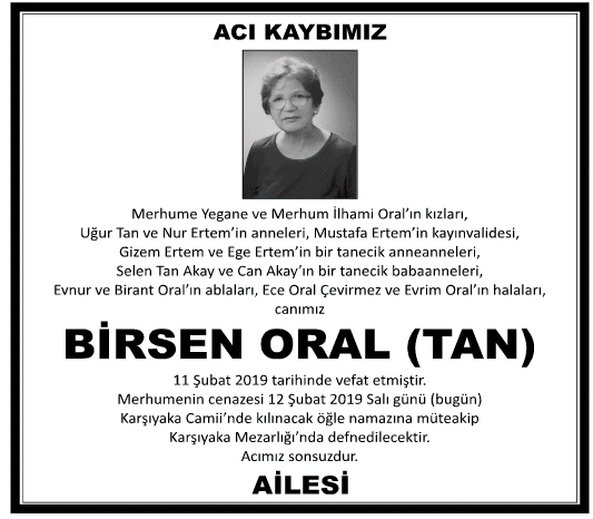 Birsen Oral Vefat İlanı
