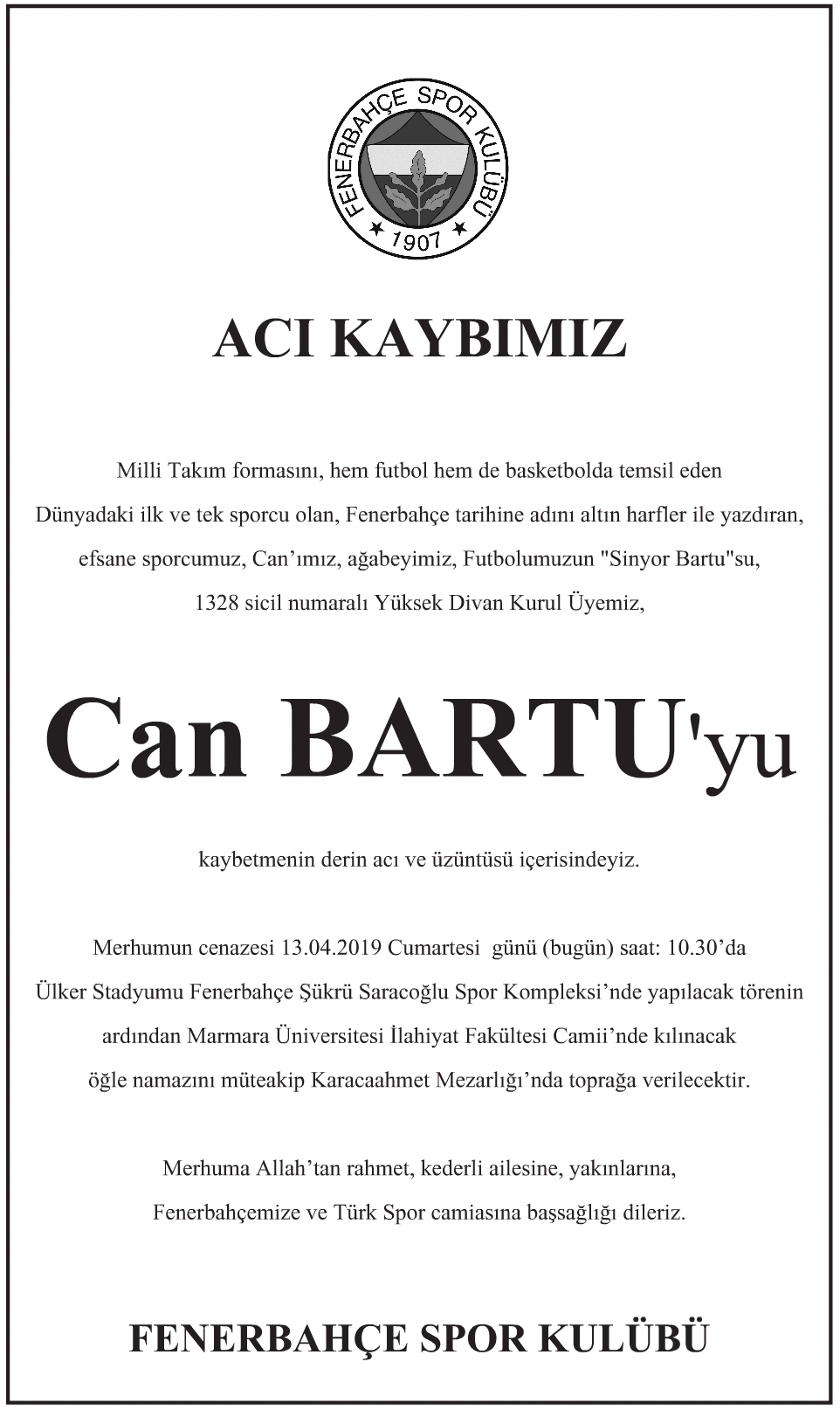 Can Bartu Vefat İlanı