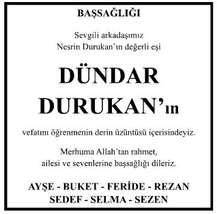 Dündar Durukan Vefat İlanı