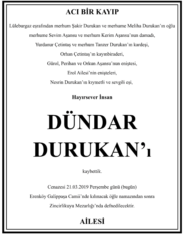 Dündar Durukan Vefat İlanı