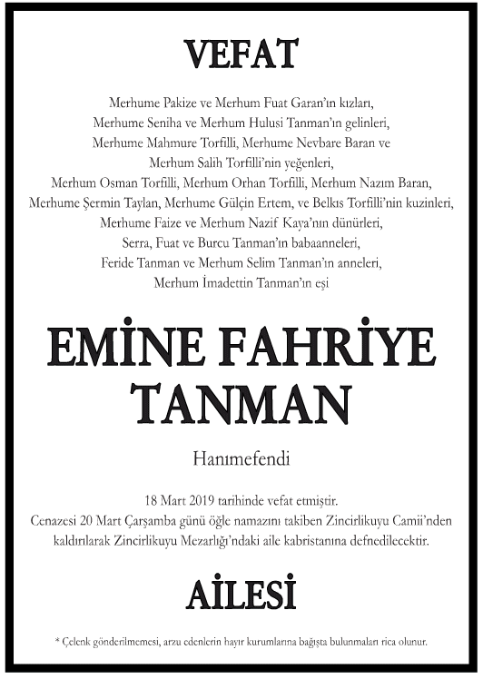 Emine Fahriye Tanman Vefat İlanı