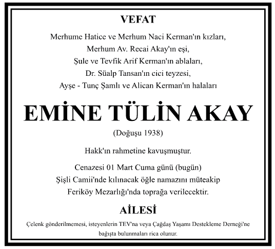Emine Tülin Akay Vefat İlanı