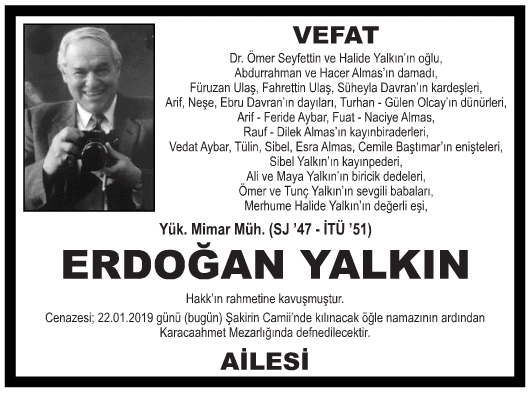 Erdoğan Yalkın Vefat İlanı