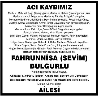 Fahrunnisa Bulgurlu Vefat İlanı