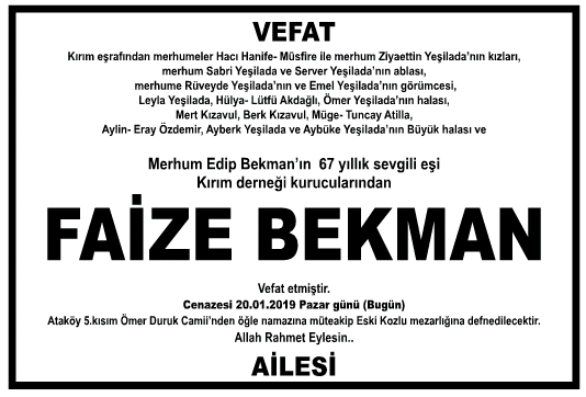 Faize Bekman Vefat İlanı