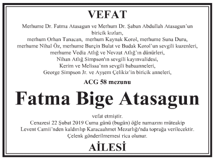 Fatma Bige Atasagun Vefat İlanı