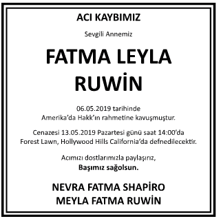  Fatma Leyla Ruwin Vefat İlanı