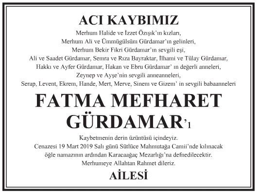 Fatma Mefharet Gürdamar Vefat İlanı