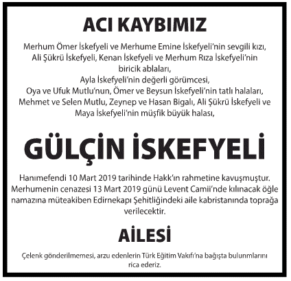 Gülçin İskefyeli Vefat İlanı