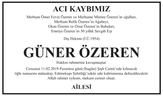 Güner Özeren Vefat İlanı