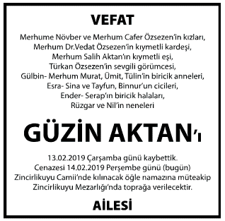 Güzin Aktan Vefat İlanı
