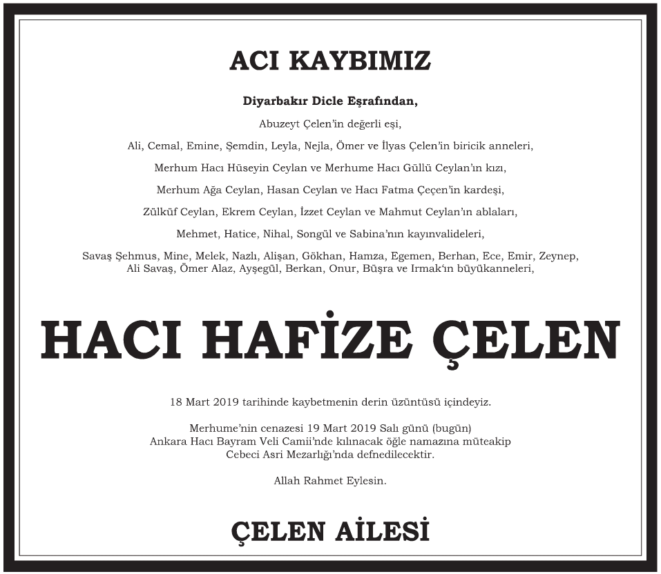 Hacı Hafize Çelen Vefat İlanı