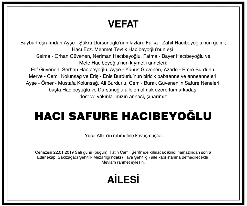 Hacı Safure Hacıbeyoğlu Vefat İlanı