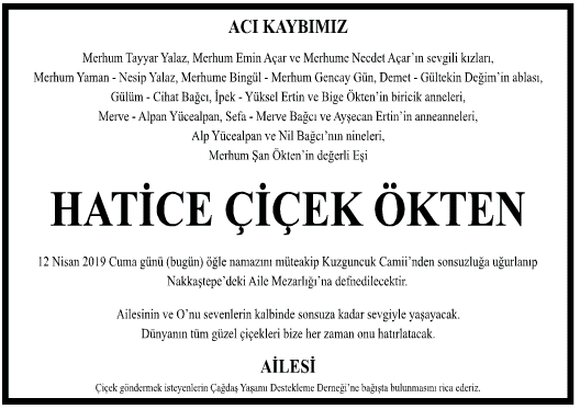Hatice Çiçek Ökten Vefat İlanı