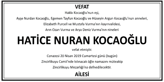 Hatice Nuran Kocaoğlu Vefat İlanı