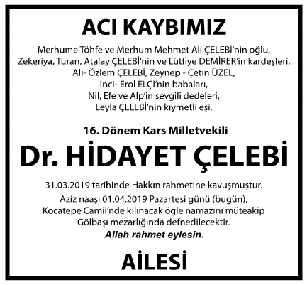 Hidayet Çelebi Vefat İlanı