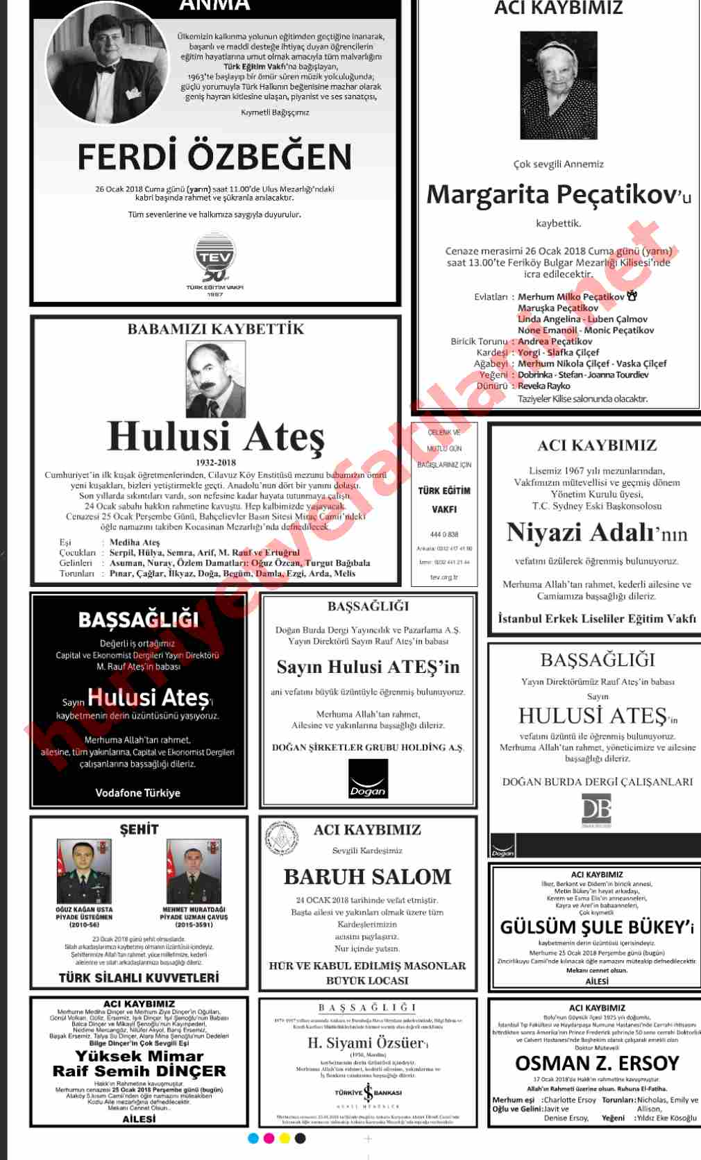 25 Ocak 2018 Hürriyet Gazetesinde Yayınlanmış Vefat İlanları Sayfası