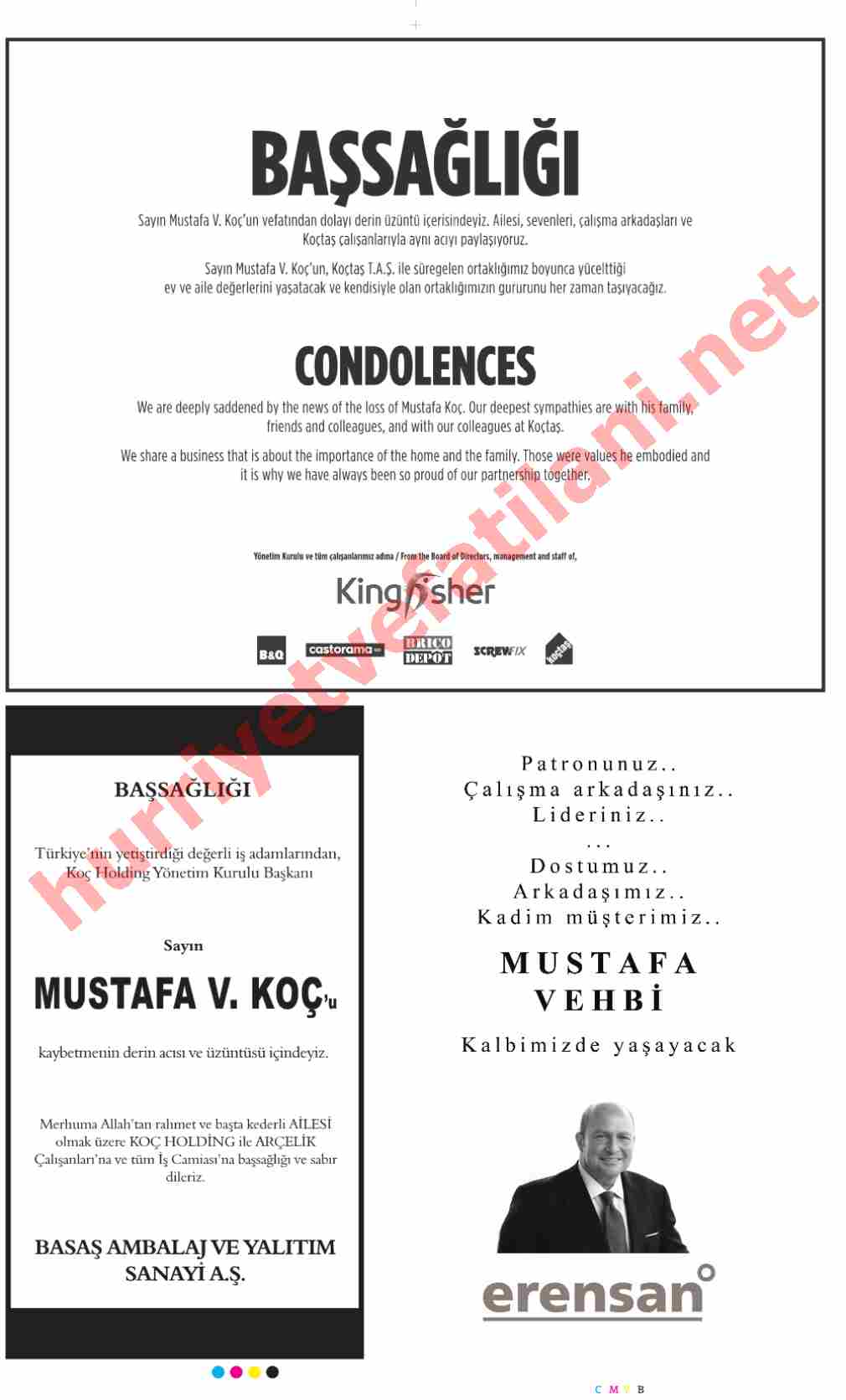 27 Ocak 2016 Çarşamba Günü Hürriyet Gazetesinde Yayınlanmış Vefat İlanları Sayfası