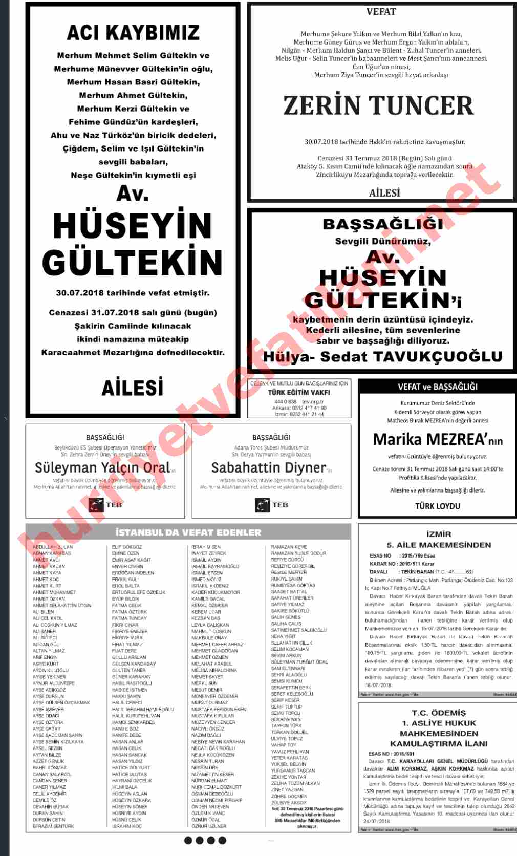 31 Temmuz 2018 Hürriyet Gazetesinde Yayınlanmış Vefat İlanları Sayfası