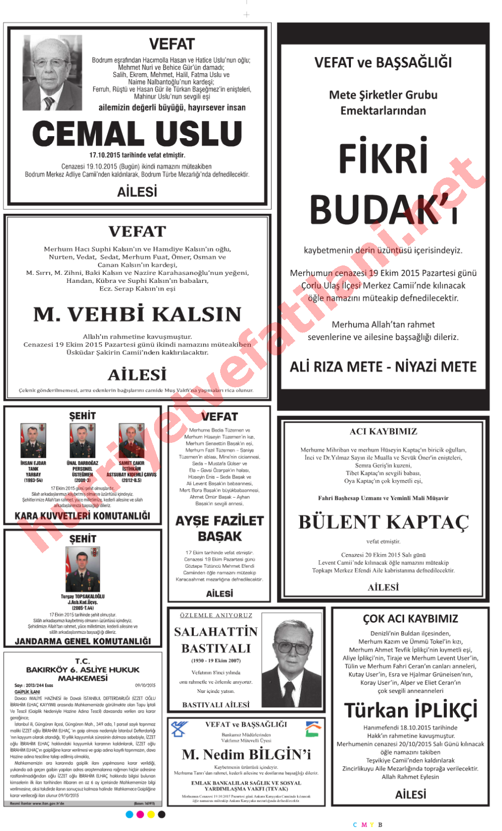 19 Ekim 2015 Pazartesi Günü Hürriyet Gazetesinde Yayınlanmış Vefat İlanları Sayfası