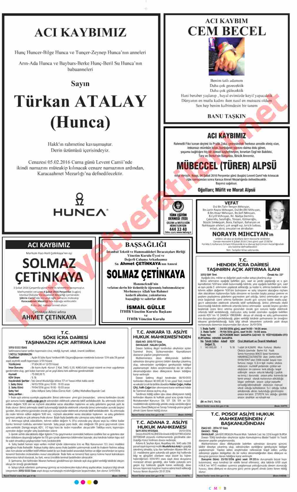 04 Şubat 2016 Perşembe Günü Hürriyet Gazetesinde Yayınlanmış Vefat İlanları Sayfası