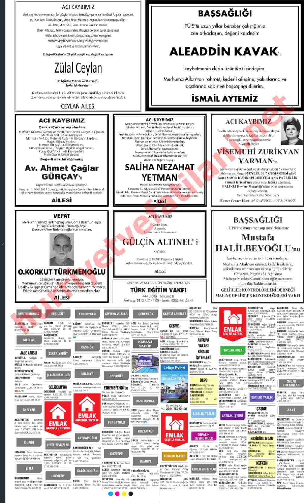 31 Ağustos 2017 Perşembe Günü Hürriyet Gazetesinde Yayınlanmış Vefat İlanları Sayfası