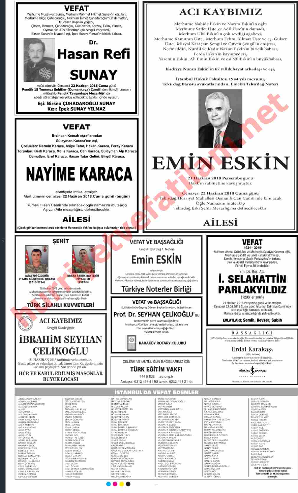 22 Haziran 2018 Hürriyet Gazetesinde Yayınlanmış Vefat İlanları Sayfası