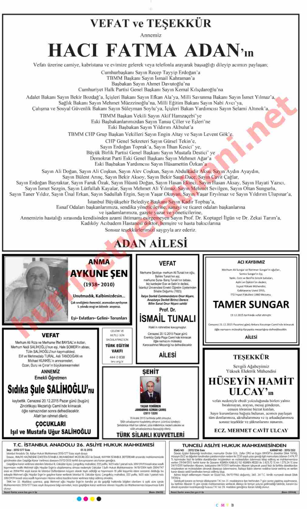 20 Aralık 2015 Pazar Günü Hürriyet Gazetesinde Yayınlanmış Vefat İlanları Sayfası