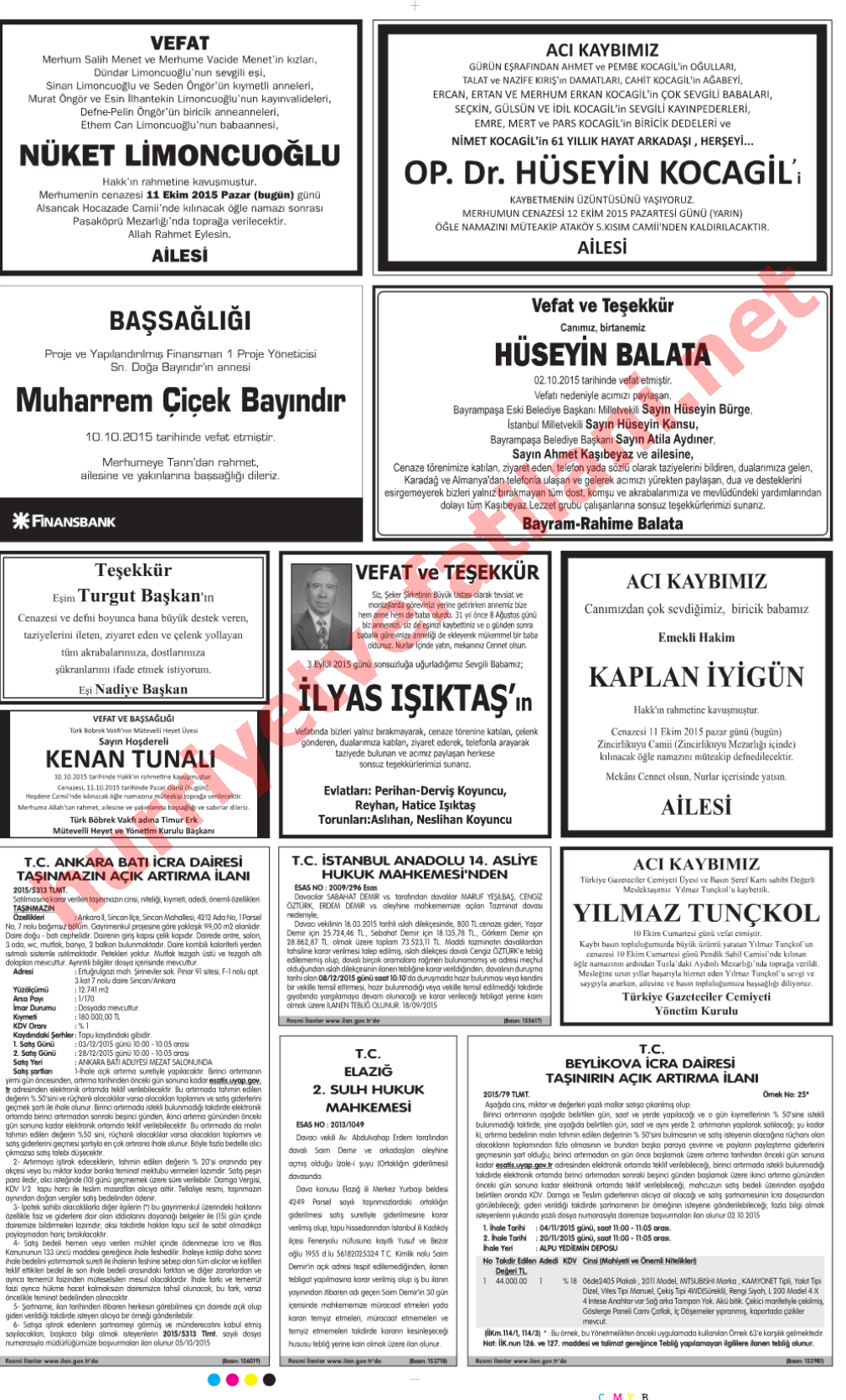 11 Ekim 2015 Hürriyet Gazetesinde Yayınlanmış Vefat İlanları Sayfası
