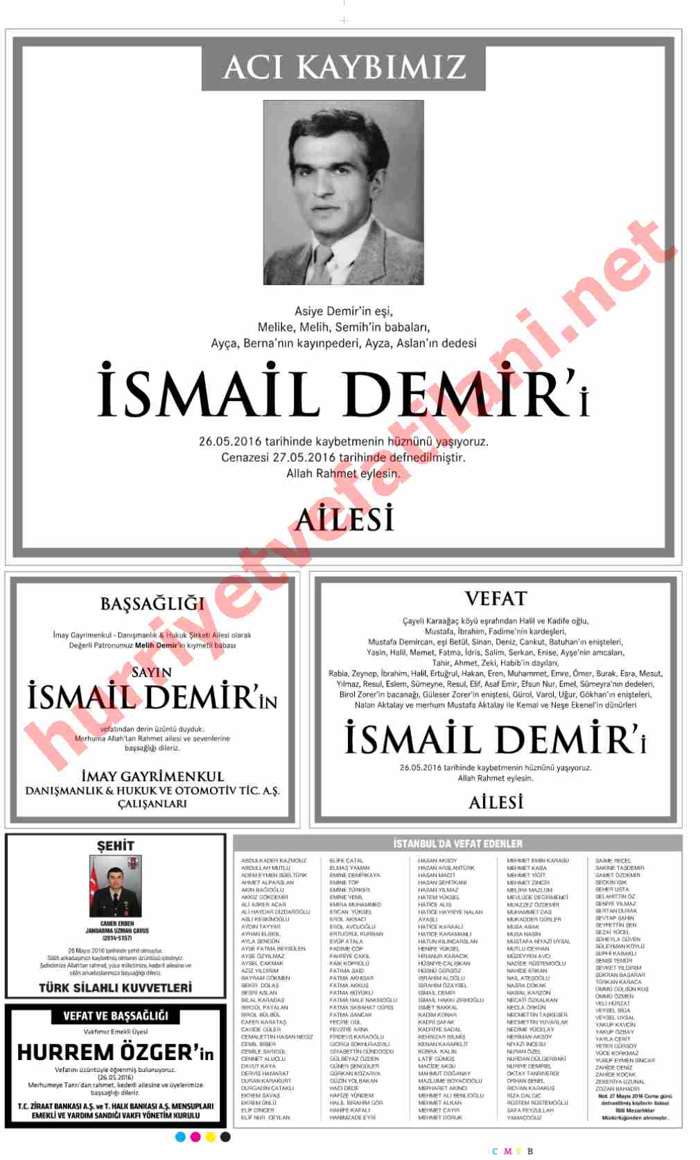 28 Mayıs 2016 Hürriyet Gazetesinde Yayınlanmış Vefat İlanları Sayfası