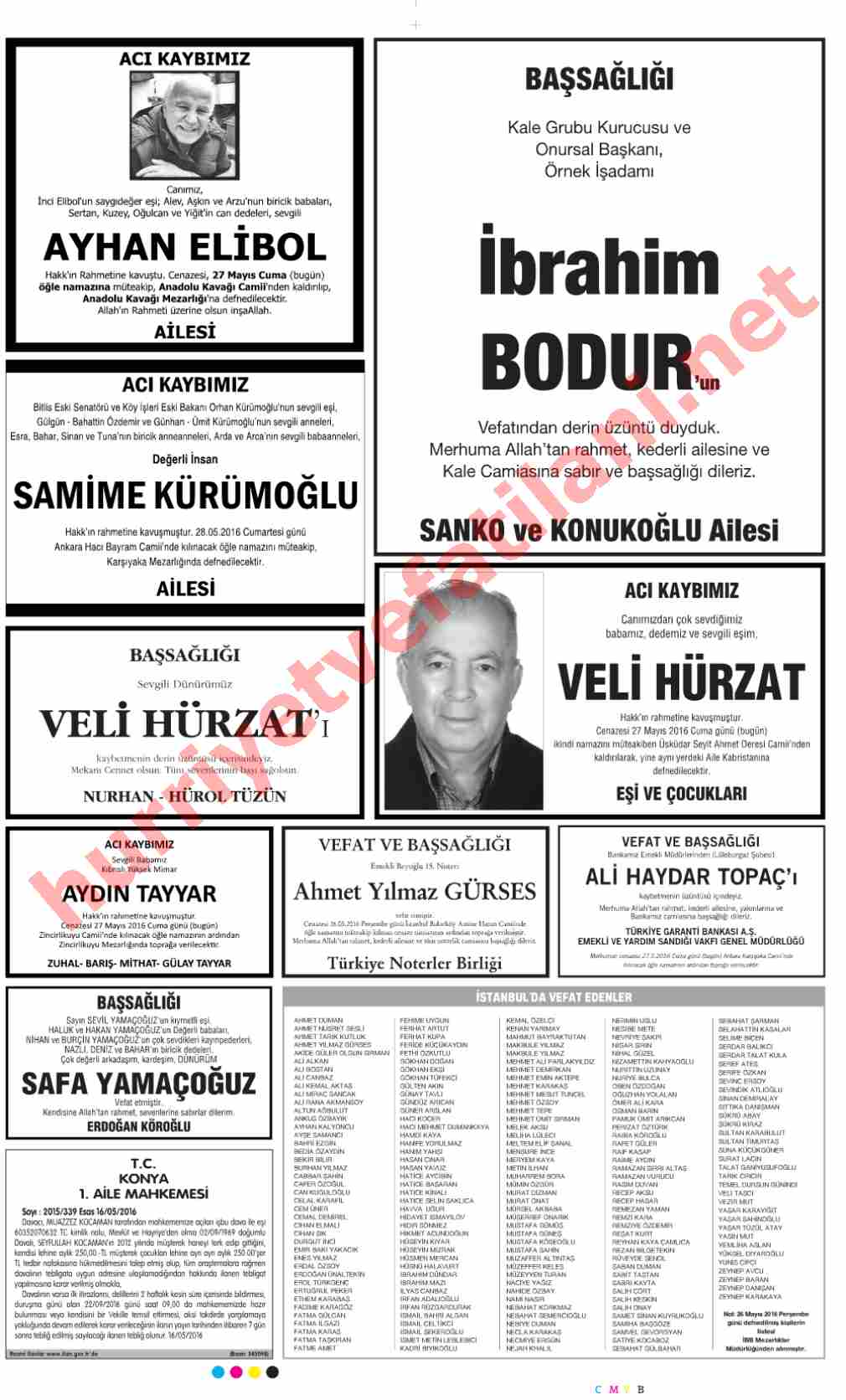 27 Mayıs 2016 Hürriyet Gazetesinde Yayınlanmış Vefat İlanları Sayfası