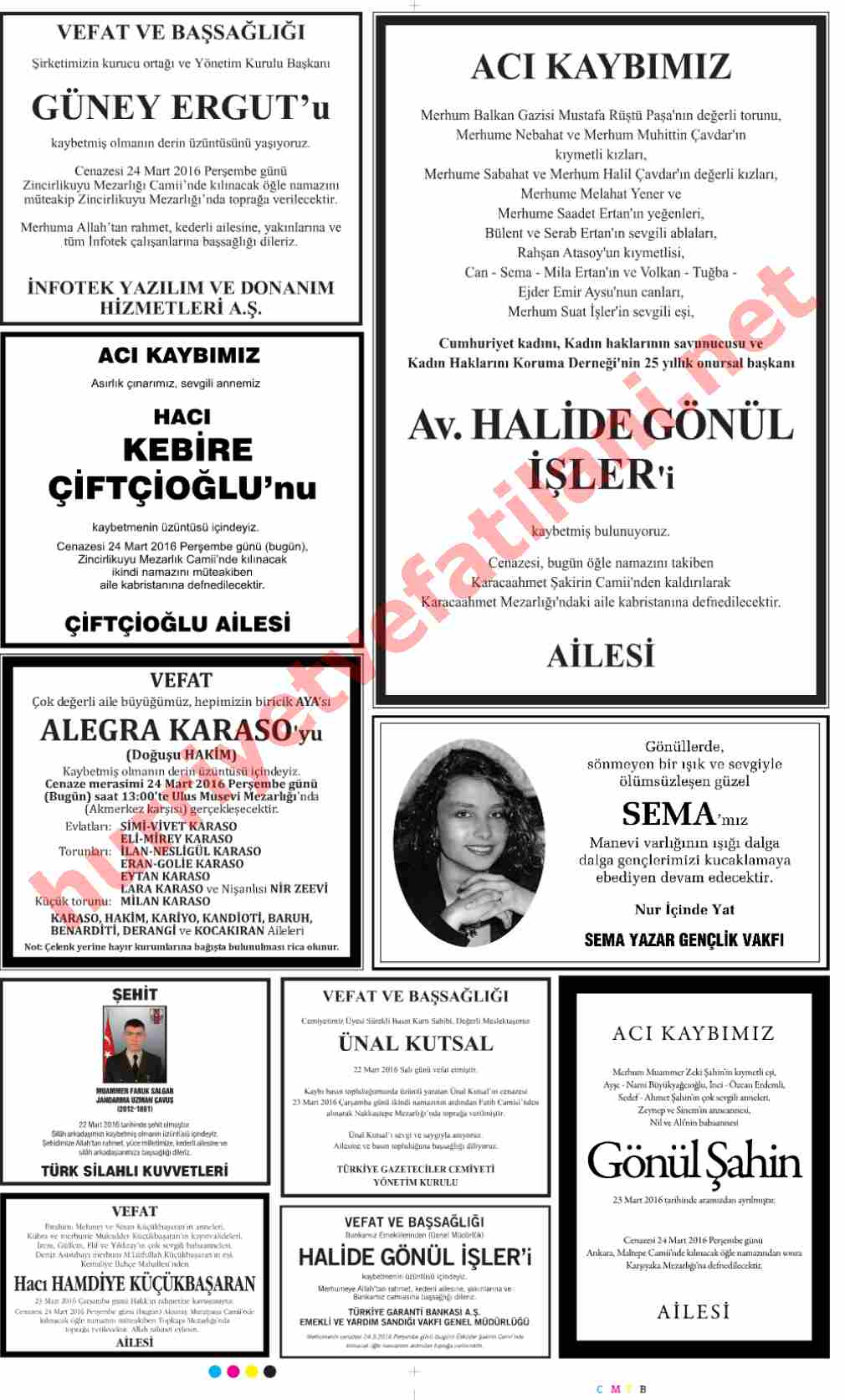 24 Mart 2016 Perşembe Günü Hürriyet Gazetesinde Yayınlanmış Vefat İlanları Sayfası